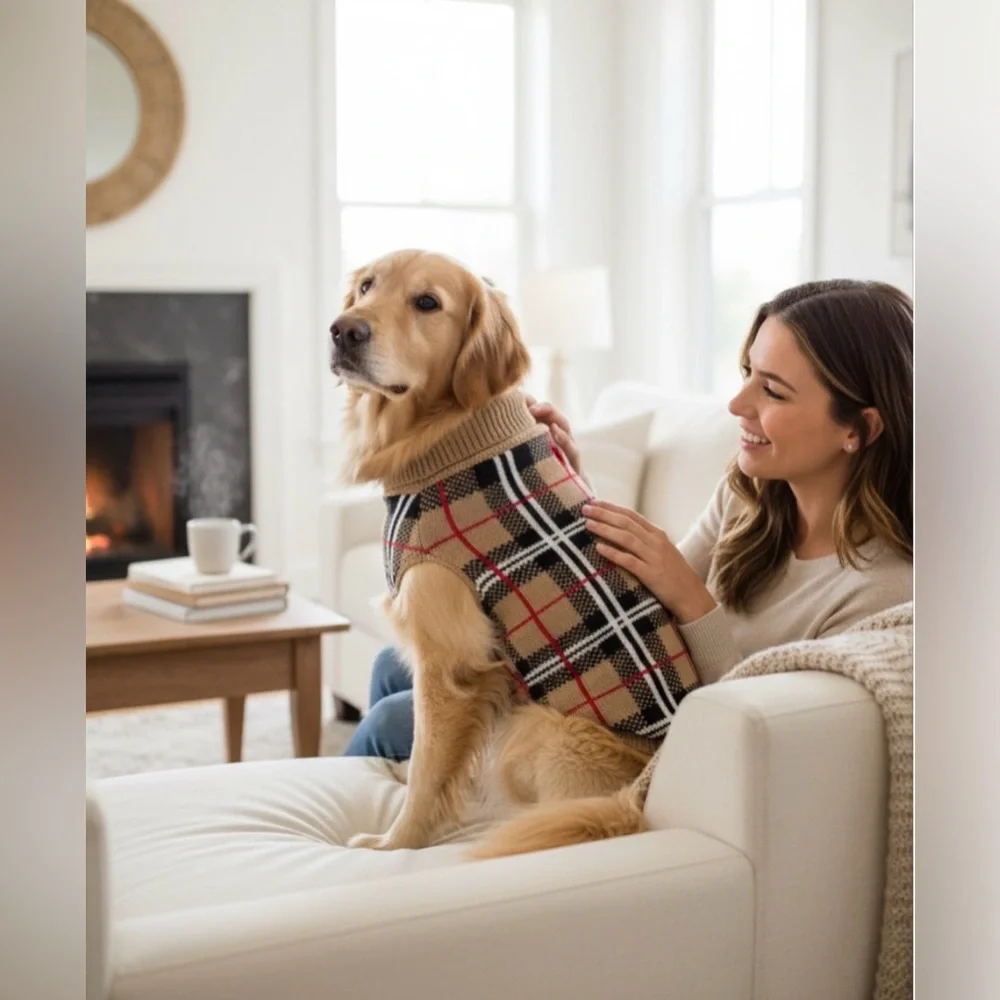 Dog Beige Plaid Knit Sweater